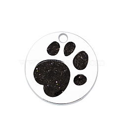 Enamel Pendants, with Platinum Plated Alloy Findings and Glitter Powder, Flat Round with Dog Paw Prints, Black, 25x1.7mm, Hole: 2.6mm(ENAM-CJC0001-05E)