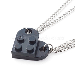 Resin Building Blocks Pendant Necklaces Sets, Couple Necklaces, with 304 Stainless Steel Lobster Claw Clasps, Half Oval, Black, 17.51 inch(44.5cm), 2pcs/set(NJEW-JN03442-05)