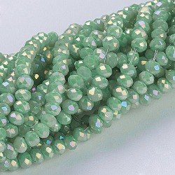 Electroplate Glass Beads Strands, Full Rainbow Plated, Faceted, Rondelle, Green, 3~3.5x2~2.5mm, Hole: 0.8mm, about 135~140pcs/strand, 14.6 inch(37cm)(GLAA-F077-FR12)