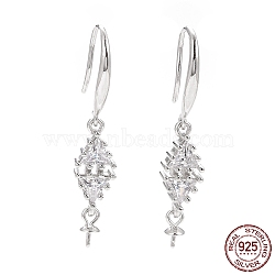 Rhodium Plated 925 Sterling Silver Earring Hooks, with Clear Cubic Zirconia, Rhombus, for Half Drilled Beads, Platinum, 34mm, 21 Gauge, Pin: 0.7mm and 0.6mm, Tray: 6x3mm(STER-D035-36P)