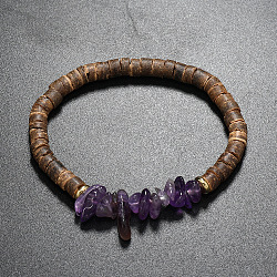 Natural Amethyst Chips & Coconut Disc Beaded Stretch Bracelet, Bohemian Wristband for Women, (UM3945-4)