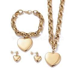 304 Stainless Steel Jewelry Sets, Pendant Necklaces & Charm Bracelets & Stud Earrings, Heart, Golden, 17.72 inch(45cm), 8-1/4  inch(210mm), 16mm, Pin: 0.8mm(SJEW-E071-08G)