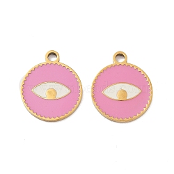 Ion Plating(IP) 316 Surgical Stainless Steel Pendants, Nickel Free, with Enamel, Real 18K Gold Plated, Flat Round with Eye Pattern, Pink, 18x15x1.5mm, Hole: 2mm(STAS-U014-60G-02)