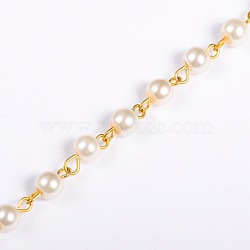 Handmade Round Glass Pearl Beads Chains for Necklaces Bracelets Making, with Golden Iron Eye Pin, Unwelded, Beige, 39.3 inch, Bead: 6mm(X-AJEW-JB00036-02)