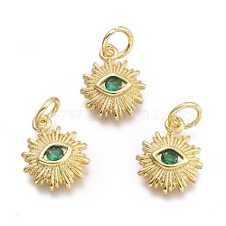 Brass Micro Pave Cubic Zirconia Pendants, with Jump Ring, Sun with Eye, Real 18K Gold Plated, Medium Sea Green, 12.5x10x2.7mm, Jump Rings: 5x0.8mm, Inner Diameter: 3mm(KK-P187-16H-G)