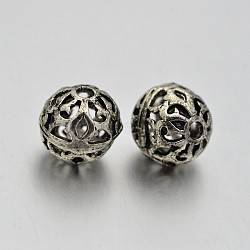 Brass Round Hollow Filigree Beads, Filigree Ball, Lead Free & Cadmium Free, Antique Silver, 8mm, Hole: 2mm(KK-E642-07AS-RS)