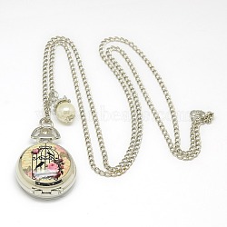 Alloy Porcelain Flat Round Pendant Necklace Pocket Watch, with Iron Chains and Lobster Claw Clasps, Quartz Watch, Platinum, 29.1 inches, Watch Head: 40x29x14mm(WACH-N013-08)
