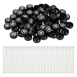 Plastic Electric Car Toy Wheels, with Rubber Findings and Iron Toy Car Axle, Black, Wheels: 37.5x17mm, hole: 2mm, 100pcs, Axle: 100x2mm, 50pcs(AJEW-GL0001-40)