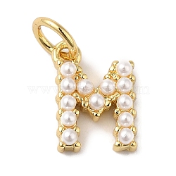 Rack Plating Brass with ABS Plastic Imitation Pearl Charms, Long-Lasting Plated, Lead Free & Cadmium Free, Real 18K Gold Plated, Letter M, 10.5x7.5x3mm, Hole: 3mm(KK-B092-30M-G)