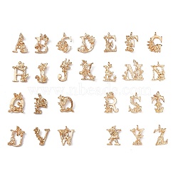 Alloy Pendant, Letter with Flower, Light Gold, Letter A~Z, 13~18x10.5~18x2.5~6mm, Hole: 1.2~2mm(FIND-TAC0009-19KCG)
