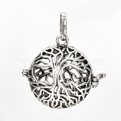Brass Cage Pendants, For Chime Ball Pendant Necklaces Making, Hollow, Round with Tree of Life, Antique Silver, 29x29x24.5mm, Hole: 8x3mm, Inner Measure: 20mm(X-KK-S337-081)