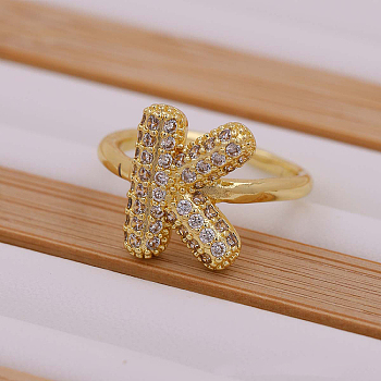 Brass Micro Pave Clear Cubic Zirconia Initial Cuff Rings, Golden, Letter K, Inner Diameter: Adjustable