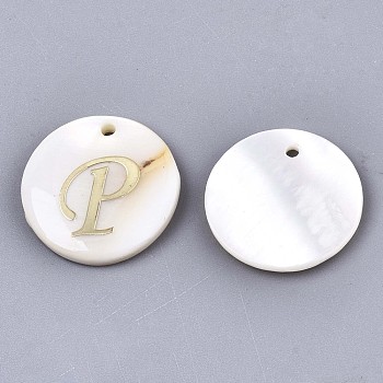 Natural Freshwater Shell Pendants, with Golden Plated Brass Etched Metal Embellishments, Flat Round with Letter, Letter.P, 15x2mm, Hole: 1.2mm
