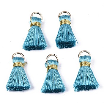 Handmade Polycotton(Polyester Cotton) Tassel Decorations, Pendant Decorations, with Golden Iron Loops, Deep Sky Blue, 17~21x10x5mm, Jump Ring: 6x0.7mm, Inner Diameter: 4.6mm