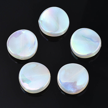 Rainbow Iridescent Plating Acrylic Beads, Glitter Beads, Flat Round, White, 19.5x6mm, Hole: 1.8~2mm