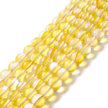 Synthetic Moonstone Beads Strands, Round, Yellow, 10mm, Hole: 1mm, about 37~39pcs/strand, 14.76''~14.96''(37.5~38cm)