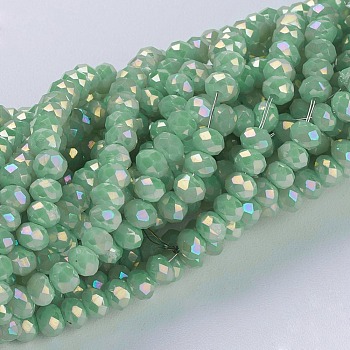 Electroplate Glass Beads Strands, Full Rainbow Plated, Faceted, Rondelle, Green, 3~3.5x2~2.5mm, Hole: 0.8mm, about 135~140pcs/strand, 14.6 inch(37cm)
