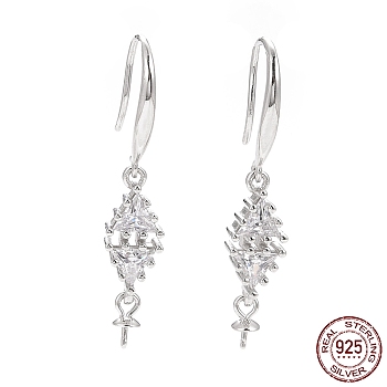 Rhodium Plated 925 Sterling Silver Earring Hooks, with Clear Cubic Zirconia, Rhombus, for Half Drilled Beads, Platinum, 34mm, 21 Gauge, Pin: 0.7mm and 0.6mm, Tray: 6x3mm