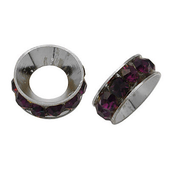 Brass Spacer Beads,  with Grade A Rhinestone, Rondelle, Platinum, Amethyst, 13x4.5mm, Hole: 6.5mm