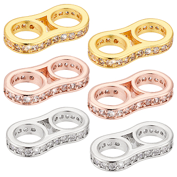 Elite 6Pcs 3 Colors Brass Pave Clear Cubic Zirconia Connector Charms, Number 8 Links, Mixed Color, 17x8.5x3mm, Hole: 5.5mm, 2pcs/color