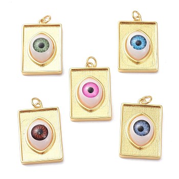 Brass Resin Pendants, Long-Lasting Plated, Real 18K Gold Plated, Rectangle with Eye, Mixed Color, 26x17x1mm, Hole: 3.4mm