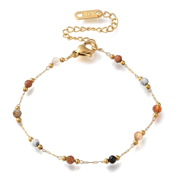 Ion Plating(IP) 304 Stainless Stell Bracelets, Round Faceted Natural Mixed Gemstone Beaded Bracelets, Real 18K Gold Plated, 6-3/8 inch(16.1cm)