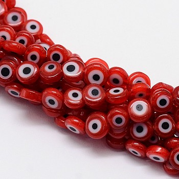 Handmade Evil Eye Lampwork Flat Round Bead Strands, Red, 8x3.2mm, Hole: 1mm, about 49pcs/strand, 14.56 inch