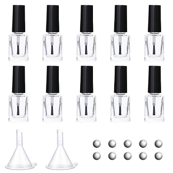 10Pcs Transparent Glass Nail Polish Empty Bottle, with 2Pcs Plastic Funnel Hopper & 10Pcs Stainless Steel Beads, Clear, 2.75x2.75x7.55cm, Capacity: 15ml(0.51fl. oz)