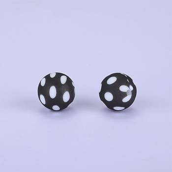 Printed Round Silicone Focal Beads, Black, 15x15mm, Hole: 2mm