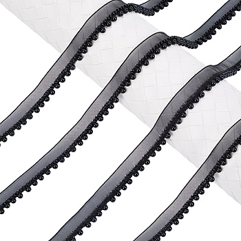 10Yards Polyester & Plastic Pearl Ribbon, for Garment Accessories, Gift Decoration, Black, 14x0.2~4mm