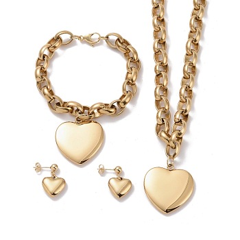 304 Stainless Steel Jewelry Sets, Pendant Necklaces & Charm Bracelets & Stud Earrings, Heart, Golden, 17.72 inch(45cm), 8-1/4  inch(210mm), 16mm, Pin: 0.8mm