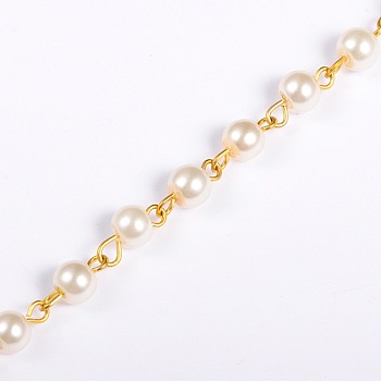 Handmade Round Glass Pearl Beads Chains for Necklaces Bracelets Making, with Golden Iron Eye Pin, Unwelded, Beige, 39.3 inch, Bead: 6mm