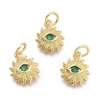 Brass Micro Pave Cubic Zirconia Pendants, with Jump Ring, Sun with Eye, Real 18K Gold Plated, Medium Sea Green, 12.5x10x2.7mm, Jump Rings: 5x0.8mm, Inner Diameter: 3mm
