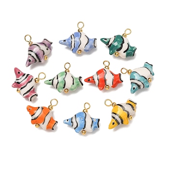 Handmade Porcelain Pendants, Tropical Fish Charms, Hand Painted, Famille Rose Porcelain, with Brass Findings, Real 18K Gold Plated, Mixed Color, 18~19x19~21x7~8mm, Hole: 2~2x2.5~3mm