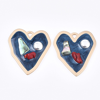 Epoxy Resin Pendants, with ABS Plastic Imitation Pearl and Gemstone Chip, Alloy Findings and Enamel, Heart, Matte Gold Color, Steel Blue, 40x34.5x5.5~6.5mm, Hole: 3x3mm