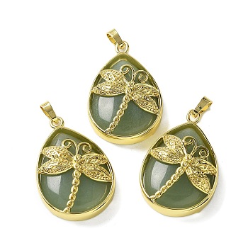 Natural Green Aventurine Pendants, with Golden Tone Brass Findings, Lead Free & Cadmium Free, Teardrop with Dragonfly Charms, 40~40.5x26~26.5x8.5~9.5mm, Hole: 7~8x4.5~5mm