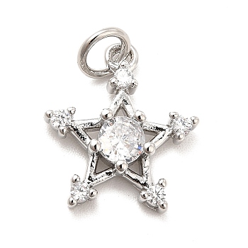 Rack Plating Brass Cubic Zirconia Pendants, Star Charms, Long-Lasting Plated, with Jump Rings, Cadmium Free & Lead Free, Real Platinum Plated, 15x13x3.5mm, Hole: 3.5mm