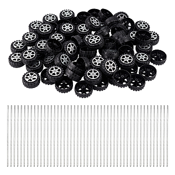 Plastic Electric Car Toy Wheels, with Rubber Findings and Iron Toy Car Axle, Black, Wheels: 37.5x17mm, hole: 2mm, 100pcs, Axle: 100x2mm, 50pcs