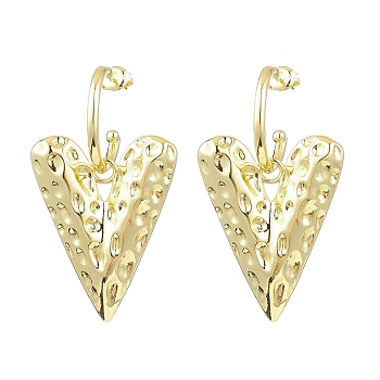Heart Brass Dangle Stud Earrings, Half Hoop Earrings, Real 18K Gold Plated, 43x24.5mm