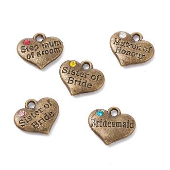 Tibetan Style Alloy Pendants, with Rhinestone, Heart with Word, Antique Bronze, 14x16x2.5mm, Hole: 2mm
