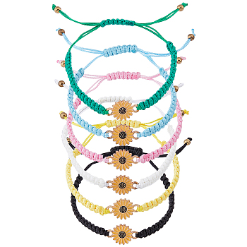 6Pcs 6 Colors Alloy Enamel Sunflower Link Bracelets Set, Polyester Cord Adjustable Bracelets for Women, Mixed Color, Inner Diameter: 2~3-1/2 inch(5.2~9cm), 1Pc/color