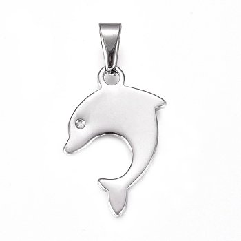 304 Stainless Steel Pendants, Dolphin, Stainless Steel Color, 34x24x2mm, Hole: 10x4.5mm