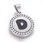 304 Stainless Steel Enamel Pendants, with Cubic Zirconia, Flat Round with Letter, Stainless Steel Color, Clear, Letter.D, 29x25x3mm, Hole: 5.5x8.5mm(STAS-E439-90D-P)