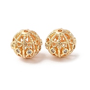 Hollow Brass Beads, with Cubic Zirconia, Round, Real 18K Gold Plated, 9x9mm, Hole: 1mm(KK-K333-08G)
