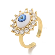 Cubic Zirconia Sun with Evil Eye Open Cuff Ring with Acrylic, Real 18K Gold Plated Brass Jewelry for Women, Cadmium Free & Lead Free, Blue, US Size 6 1/2(16.9mm)(RJEW-B042-06G-04)