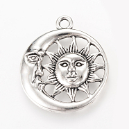 Tibetan Style Alloy Pendants, Flat Round with Sun & Moon, Cadmium Free & Lead Free, Antique Silver, 30x26.5x3mm, Hole: 2.5mm(X-TIBEP-Q064-22AS-RS)