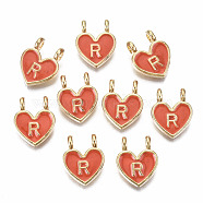 Alloy Enamel Charms, Cadmium Free & Lead Free, Heart with Initial Letters, Light Gold, Orange Red, Letter.R, 14.5x11.5x4.5mm, Hole: 2mm(X-ENAM-T012-02R-RS)