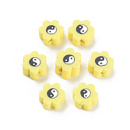 Handmade Polymer Clay Beads, for DIY Jewelry Crafts Supplies, Flower with Yinyang, Champagne Yellow, 8~9x7.5~8.5x4~4.5mm, Hole: 1.6~1.8mm(CLAY-N008-027J)