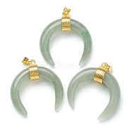 Natural Green Aventurine Pendants, with Golden Brass Findings, Double Horn/Crescent Moon, 31~33x30x10mm, Hole: 6x4mm(G-A017-12G)