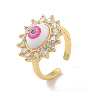 Cubic Zirconia Sun with Evil Eye Open Cuff Ring with Acrylic, Real 18K Gold Plated Brass Jewelry for Women, Cadmium Free & Lead Free, Hot Pink, US Size 6 1/2(16.9mm)(RJEW-B042-06G-02)